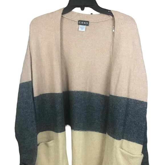 CENY Women’s Cardigan M Tan Gray Colorblock Open Front Pockets NWOT - Picture 11 of 16